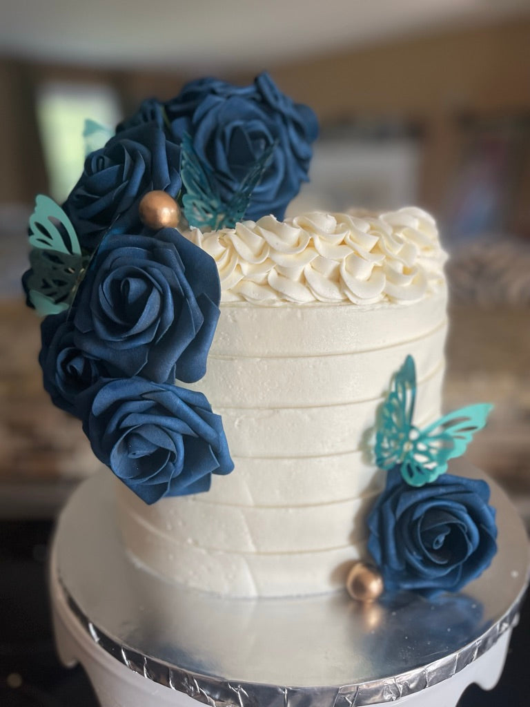 Specialty Cake with Elegant Blue Rose and Butterfly Design